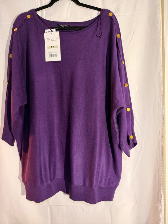 By Design Sweaters - Plus-Size Off-the-Shoulder Purple Sweater with Gold Buttons